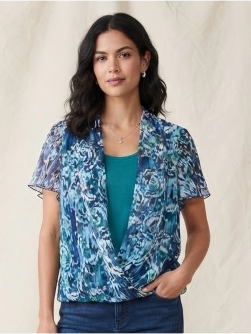 PerSeption Women Blue Teal Abstract Print Chiffon Overlay Crossover Top 1X